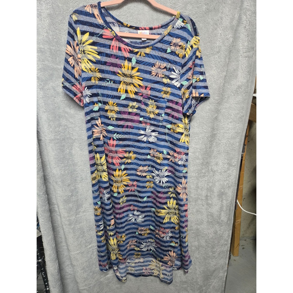 LuLaRoe Carly Dress XL Blue Striped Floral Short Sleeve High Low Pocket Swing